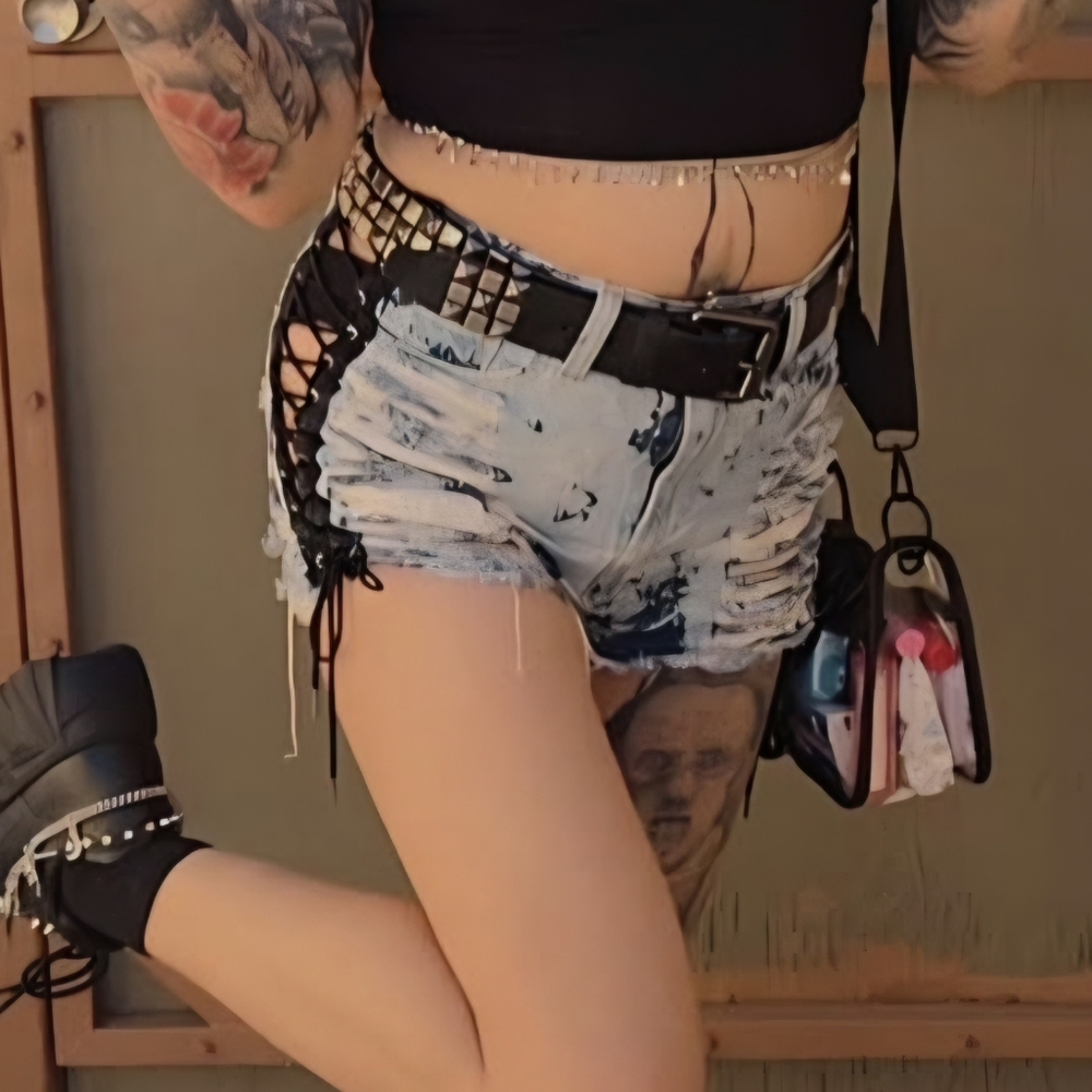 High Waist Distressed Denim Lace-Up Shorts